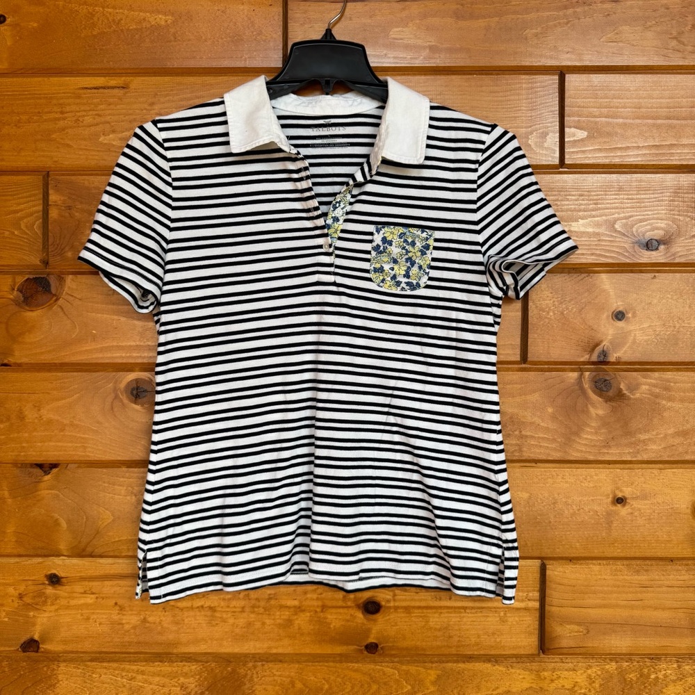 Talbots Striped Polo Shirt with Floral Pocket sz Large